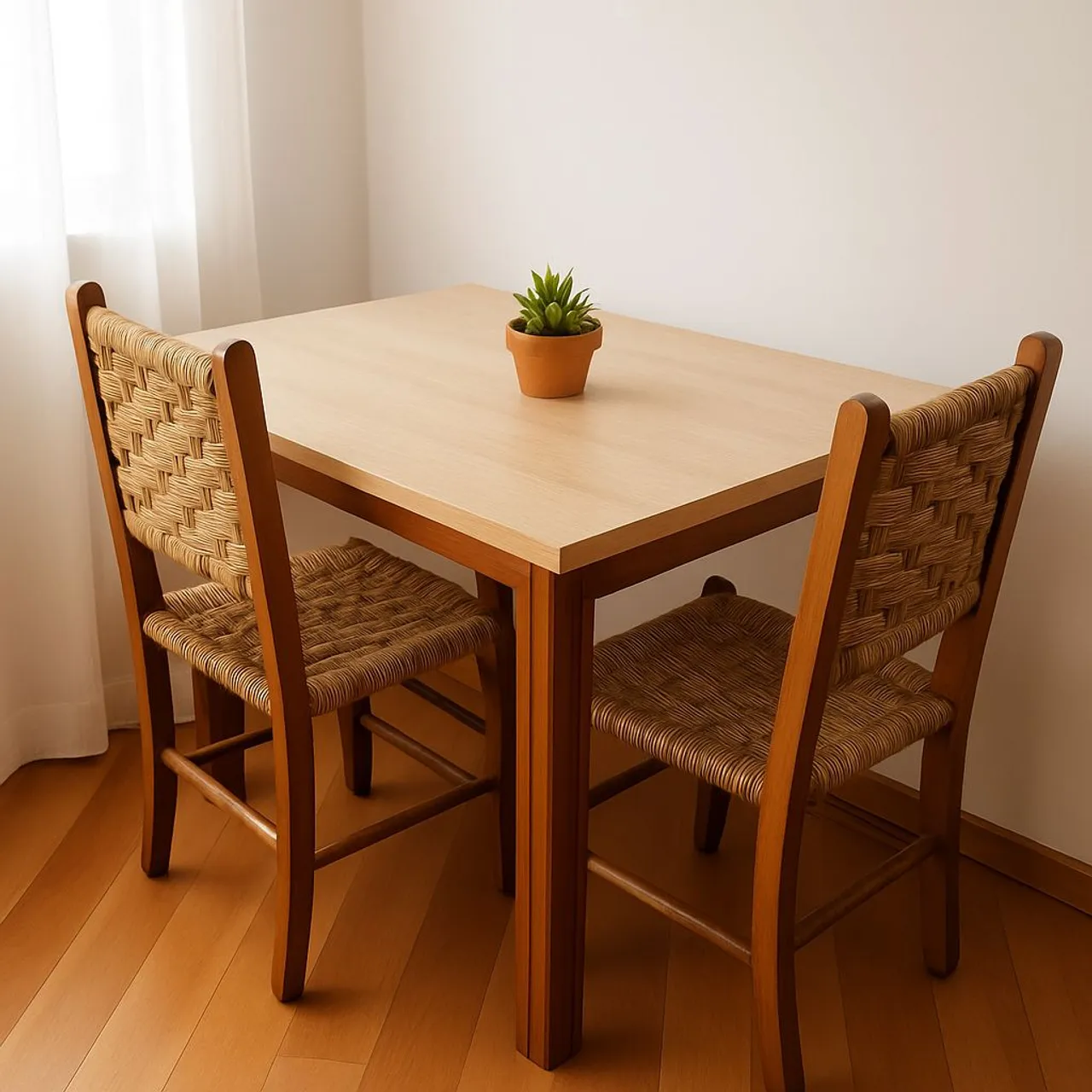Mesa de madeira maciça (MADEIRA DE VERDADE) com 3 Cadeiras de palhaRústicas