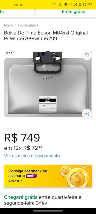 Bolsa de Tinta Epson M04xxl Original BK - P/Wf-m5799/wf-m5299