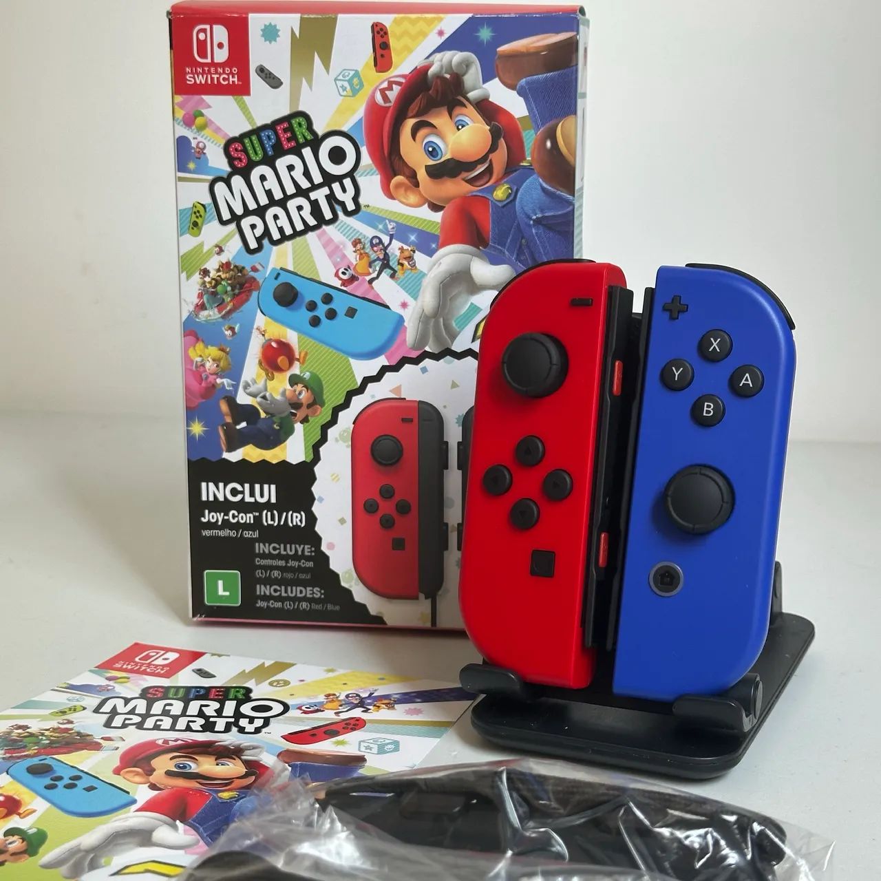Bundle Joycon Vermelho e Azul + Jogo Mario Party - Peças e