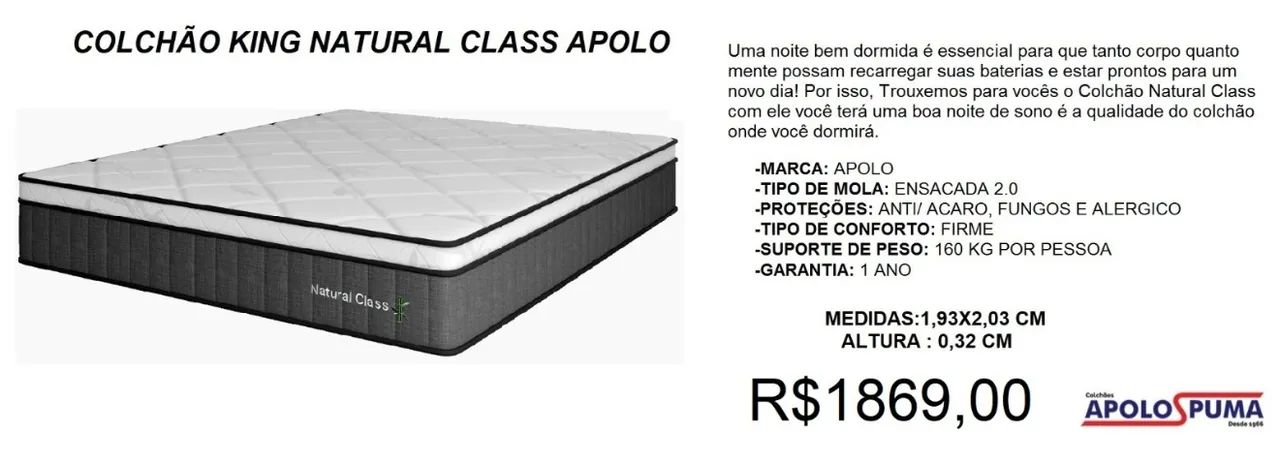 Colchão de molas king size natural class apolo - frete grátis