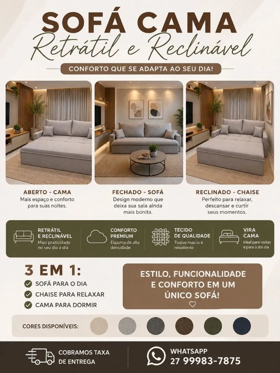 SOFA CAMA RETRÁTIL E RECLINÁVEL ZERO CAIXA 