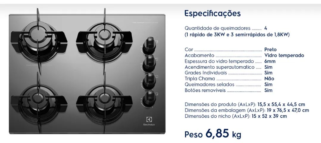 Cooktop 4 Bocas Electrolux a Gás GLP Preto - KE4GP - Foto 5