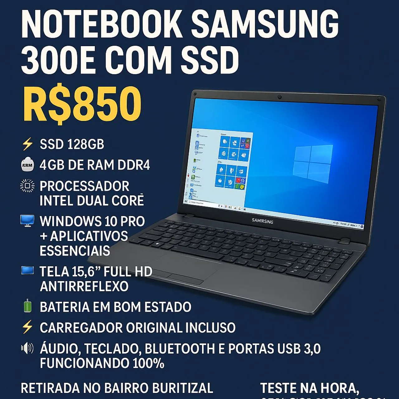 Notebook Samsung 300E com SSD tela grande.
