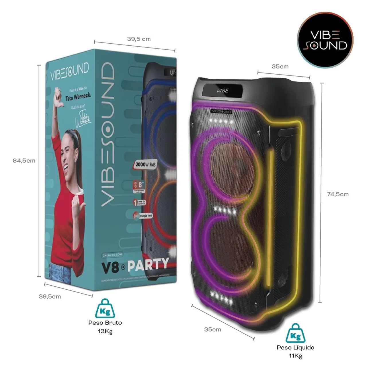Caixa de Som Vibe V8 Party 2000W RMS Bluetooth USB SD Cartão Microfone