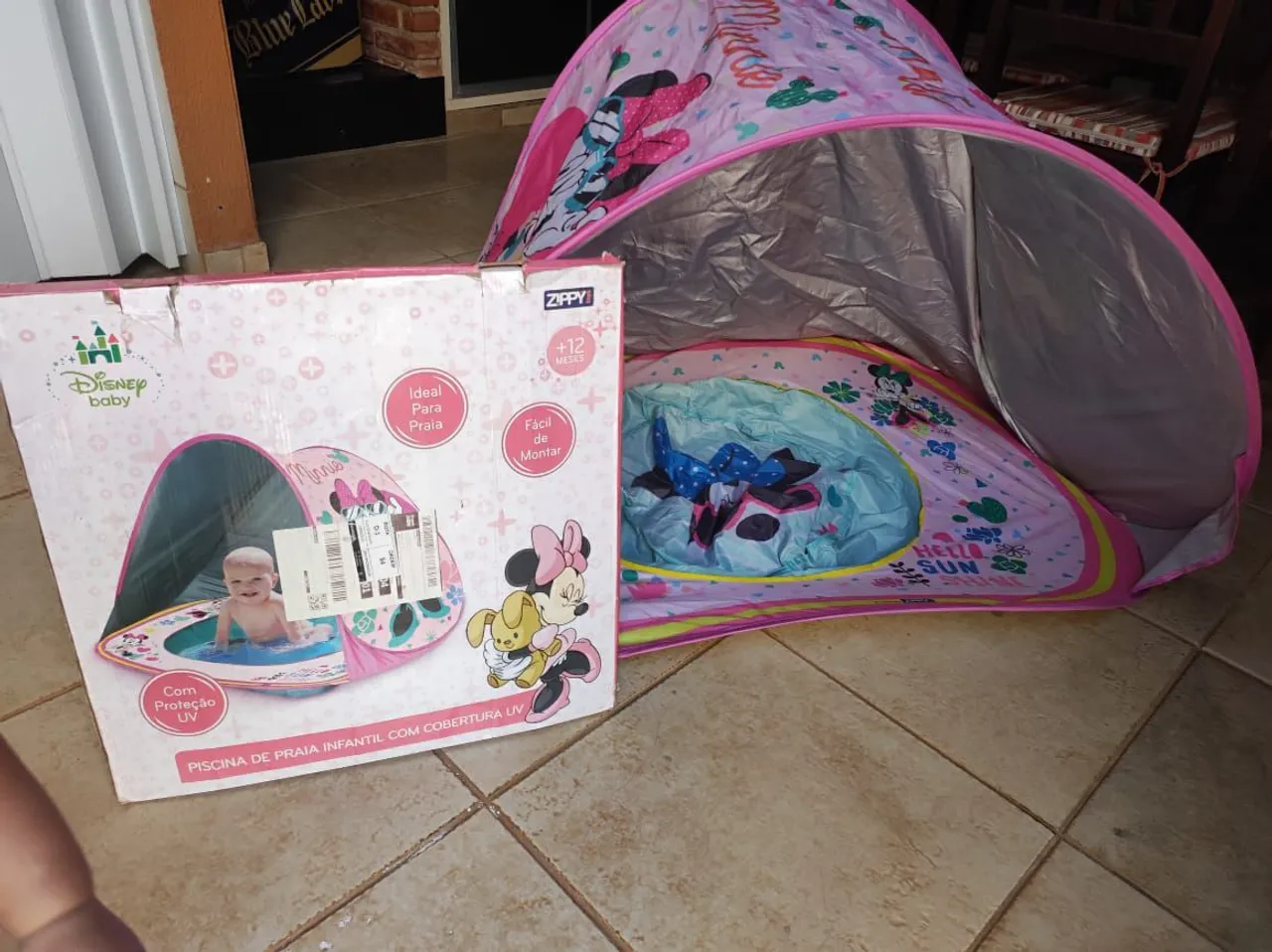 Piscina Infantil de Praia com Cobertura UV em Poliéster e Metal