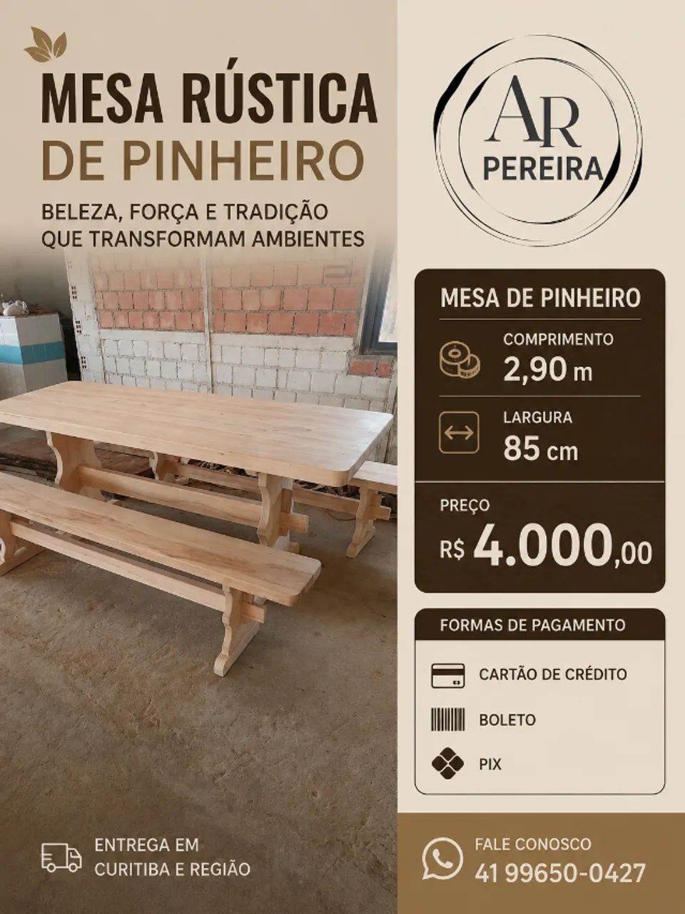Mesa rústica de pinheiro