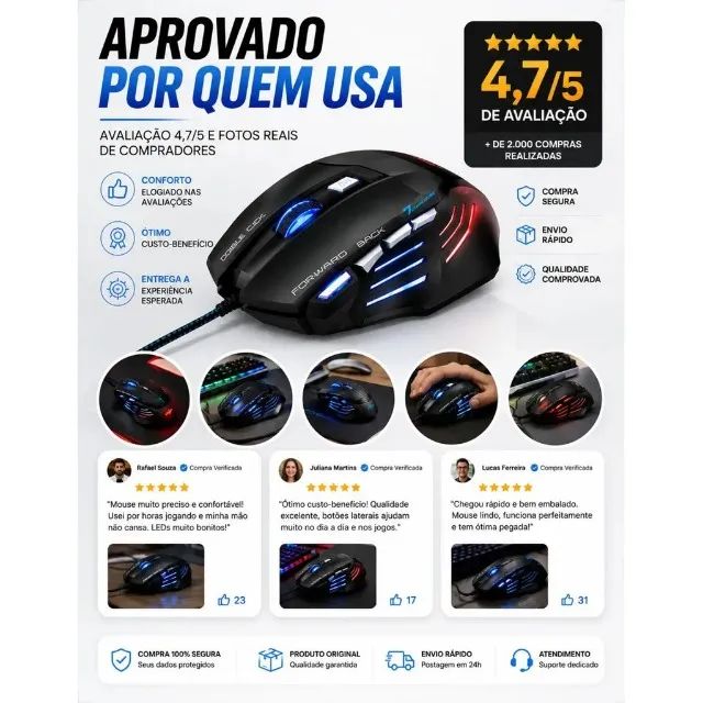 Mouse Gamer USB com 7 Botoes 2400dpi Led Ergonomico
