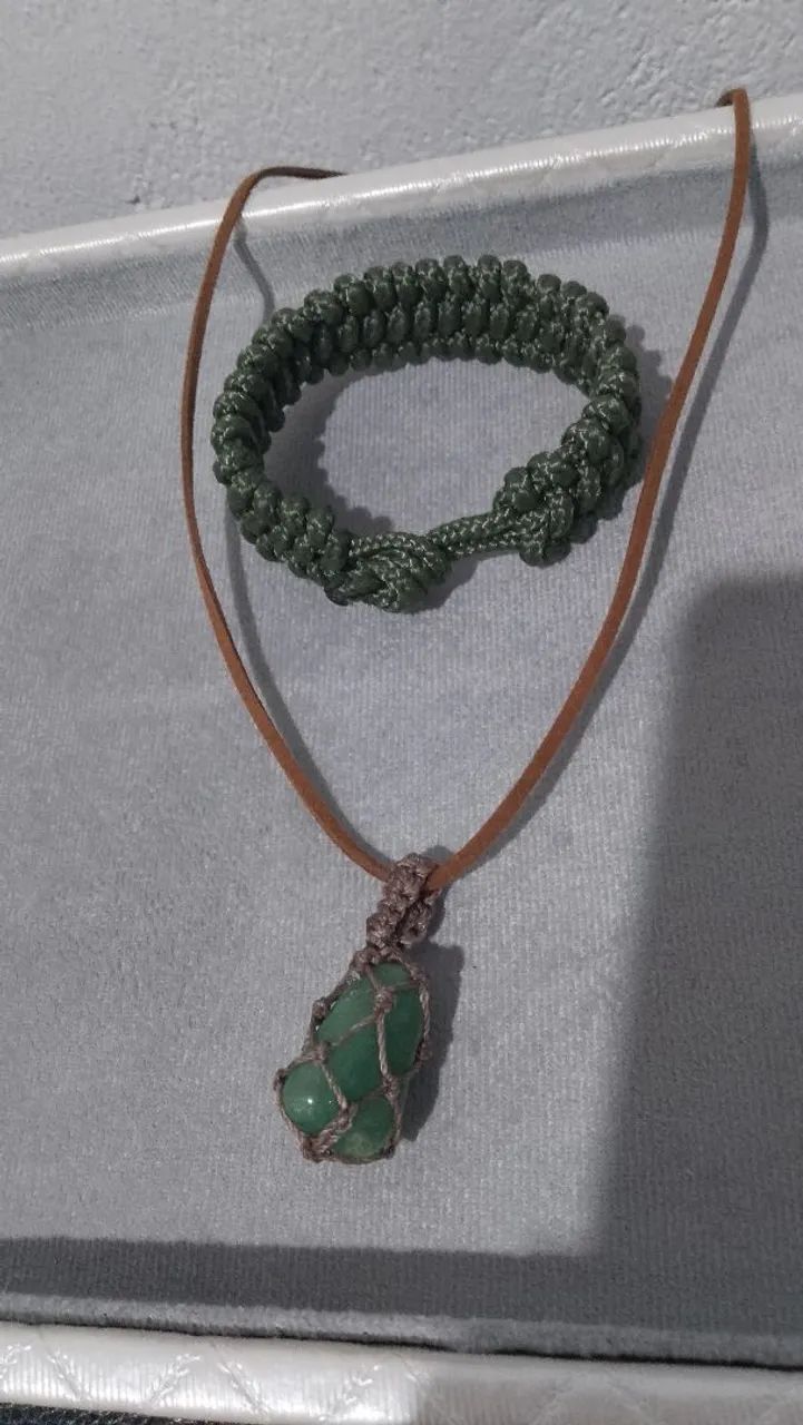 Conjunto Artesanal Boho Colar Quartzo Verde + Pulseira - Foto 4