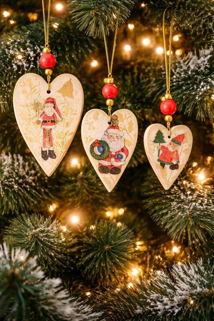 Trio de penduricalhos natalinos em pinus 
