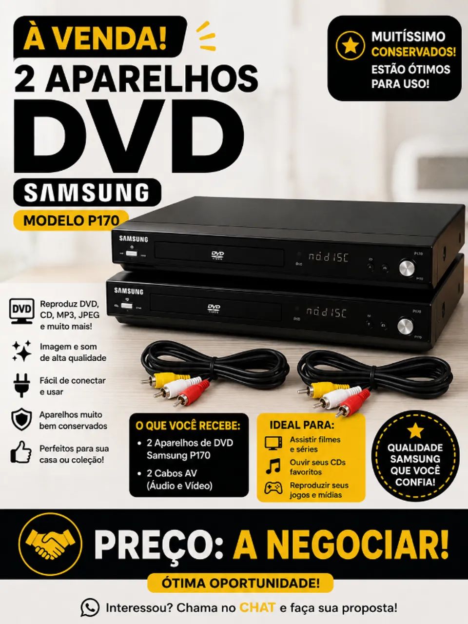 2 aparelhos de CD e DVD + 2 cabos de áudio e vídeo
