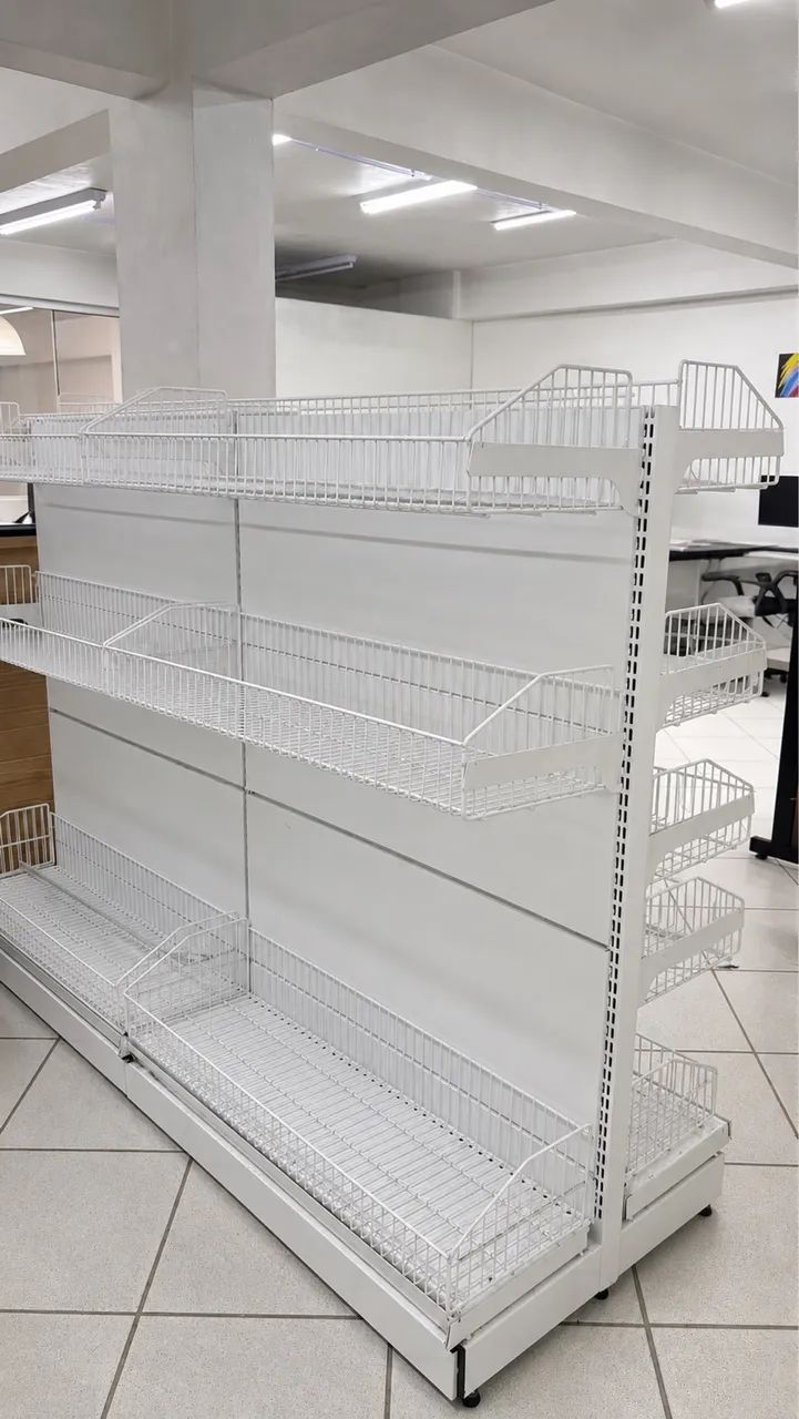 Gôndola Dupla com Cestos Aramados Ferro Branco