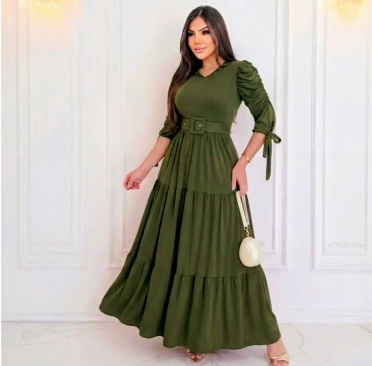 Vestido Longo Em Malha com Cinto Moda Evangélica
