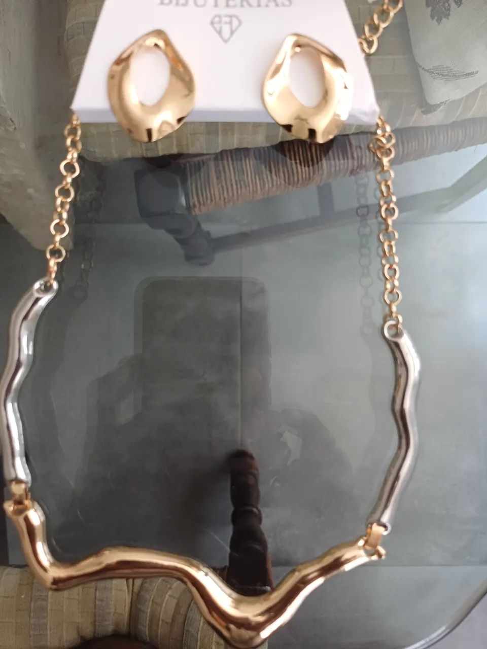 Colar e Brinco Ondulado Bijoux Dourado e Prata - Foto 4