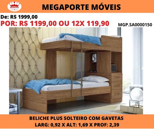 Beliche Plus Solteiro com 3 Gavetas