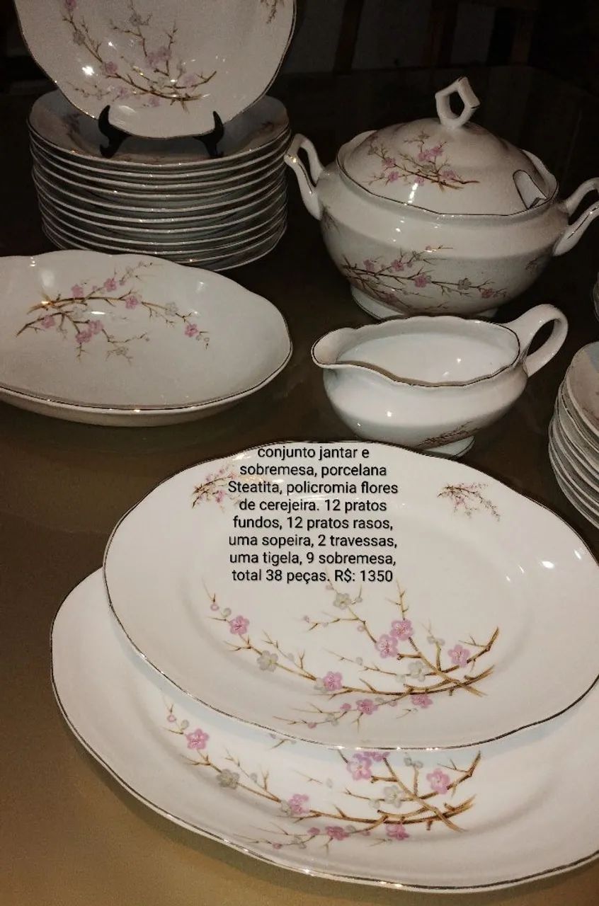 Jogo de jantar porcelana Steatita 38 peças flor de cerejeira 
