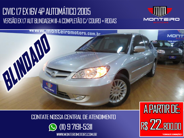 Honda Civic 1.7 EX 16v 4p Automático Blindagem III-A Completo C/ Couro