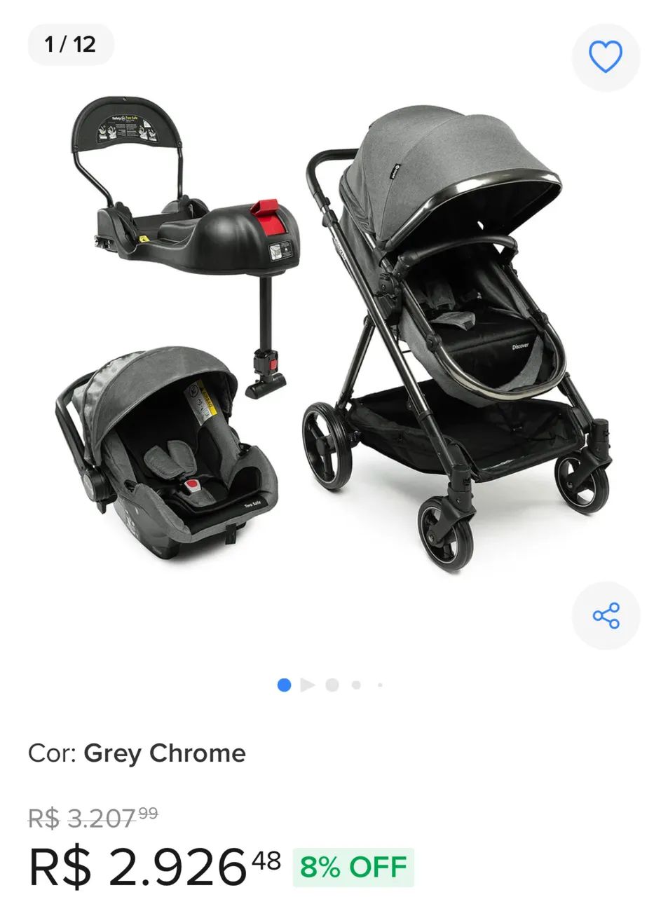 Travel System Safety 1st, Discover Trio, com Isofix, 0 a 15kg, Grey Chrome