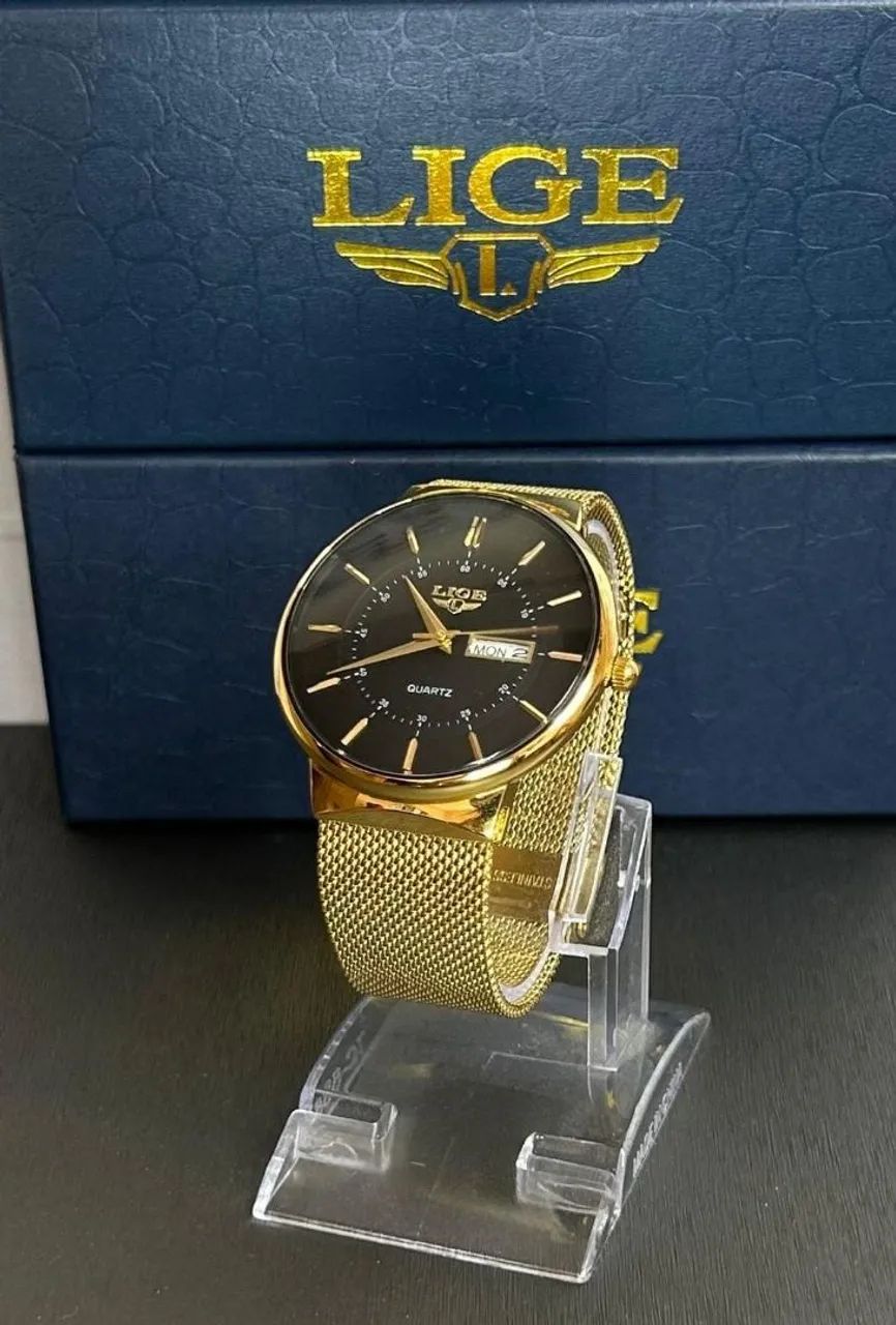 Relógio LIGE Dourado com Pulseira de Malha