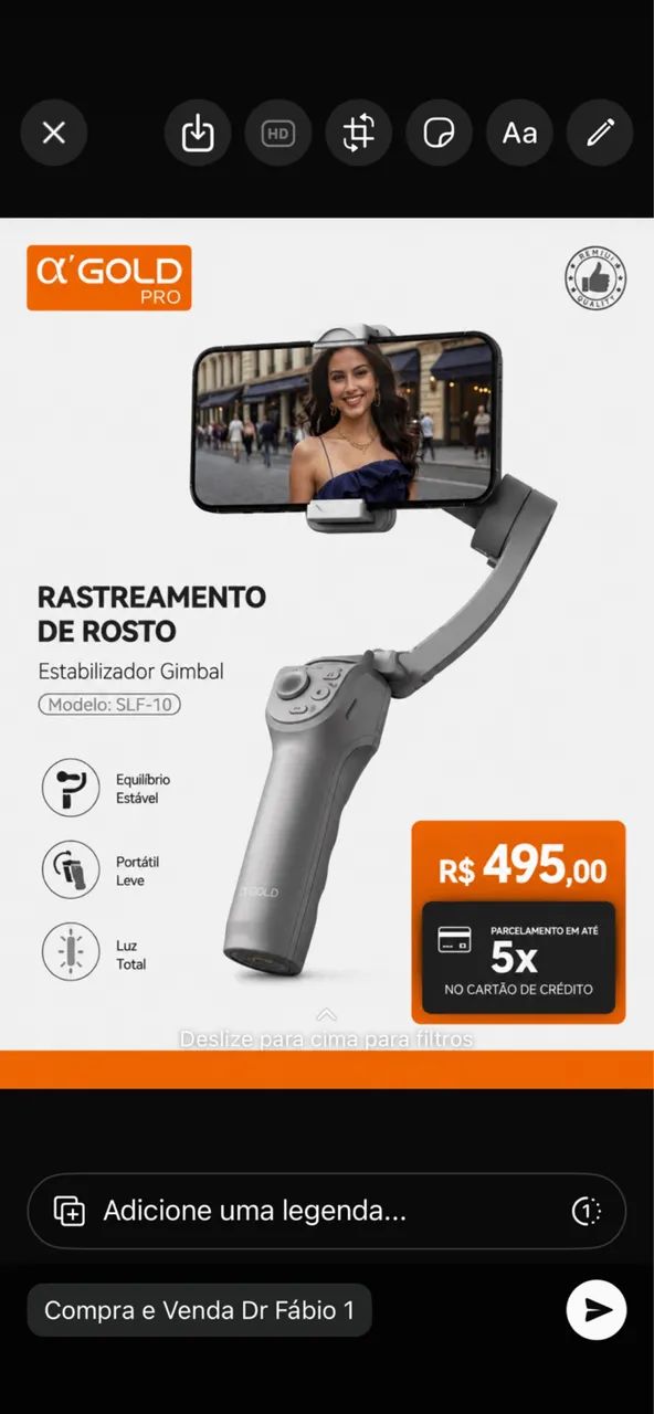Gimbal Estabilizador 3 Eixos para Celular SLF-10 - Rastreamento Facial