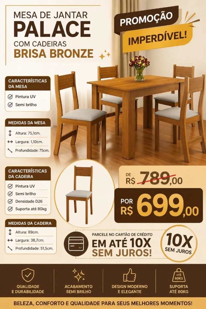 Mesa de Jantar Palace com Cadeiras Brisa Bronze