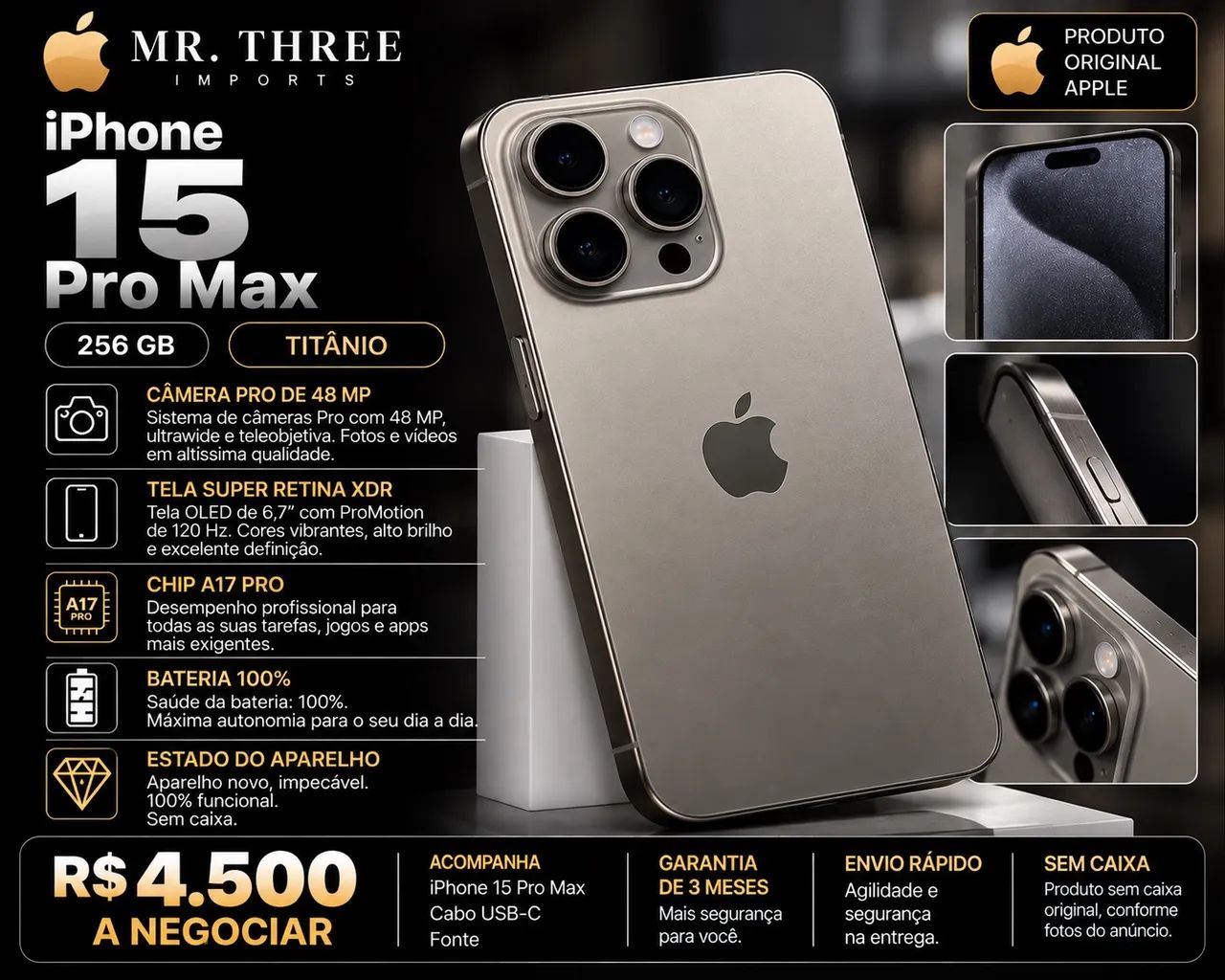 iPhone 15 Pro Max 256GB Titânio | Novo | Bateria 100% - Celulares