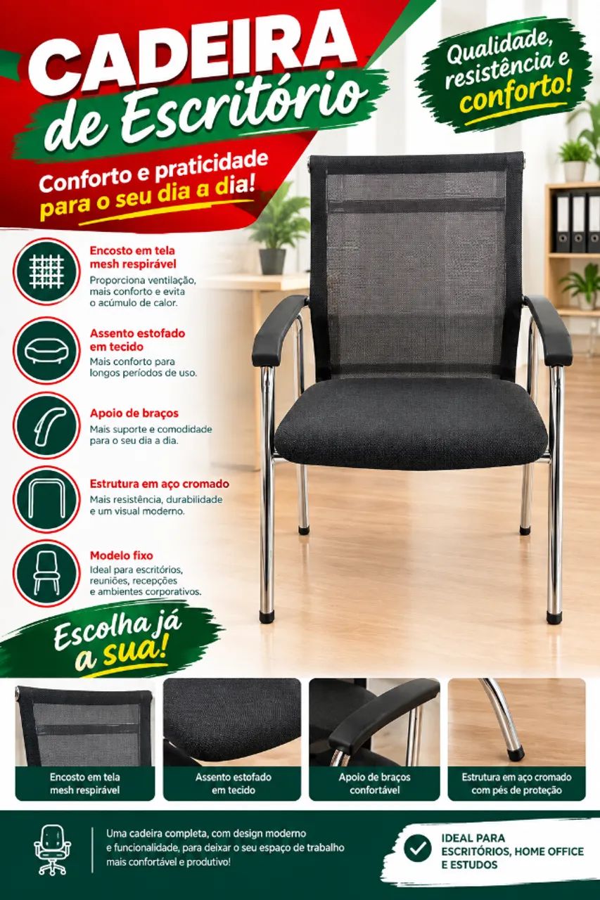 Cadeira Fixa de Escritório com Tela Mesh e Braços