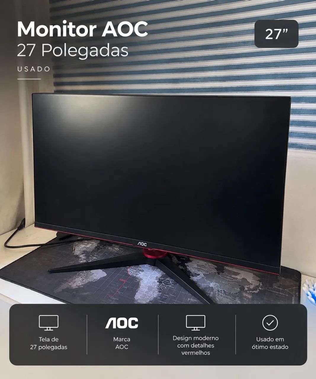 Monitor AOC 27 Polegadas - Usado, Preto com Detalhes Vermelhos