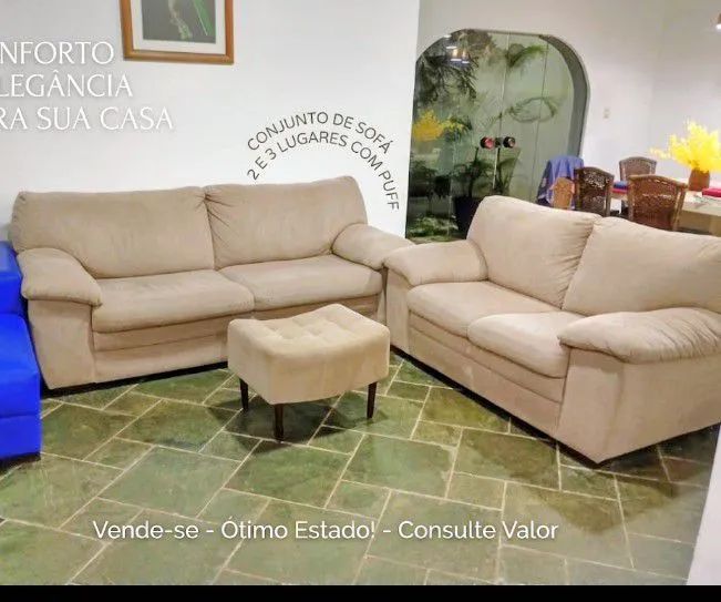 Conjunto sofá dois e três lugares e puff 