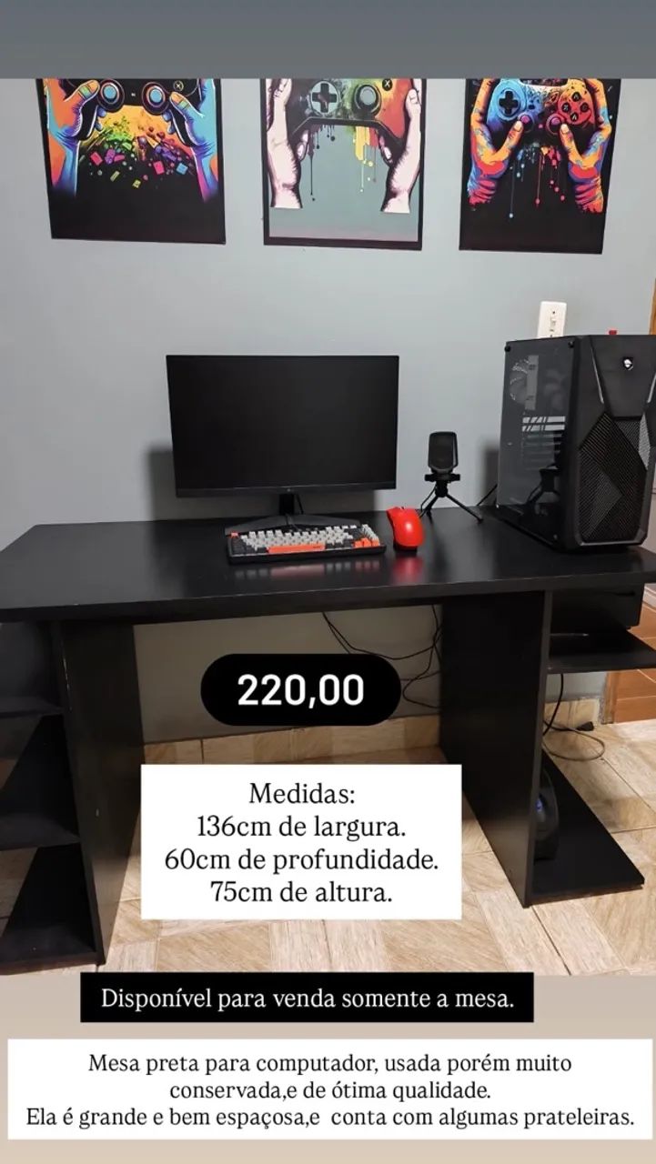 Mesa para Computador Preta com Prateleiras - Conservada