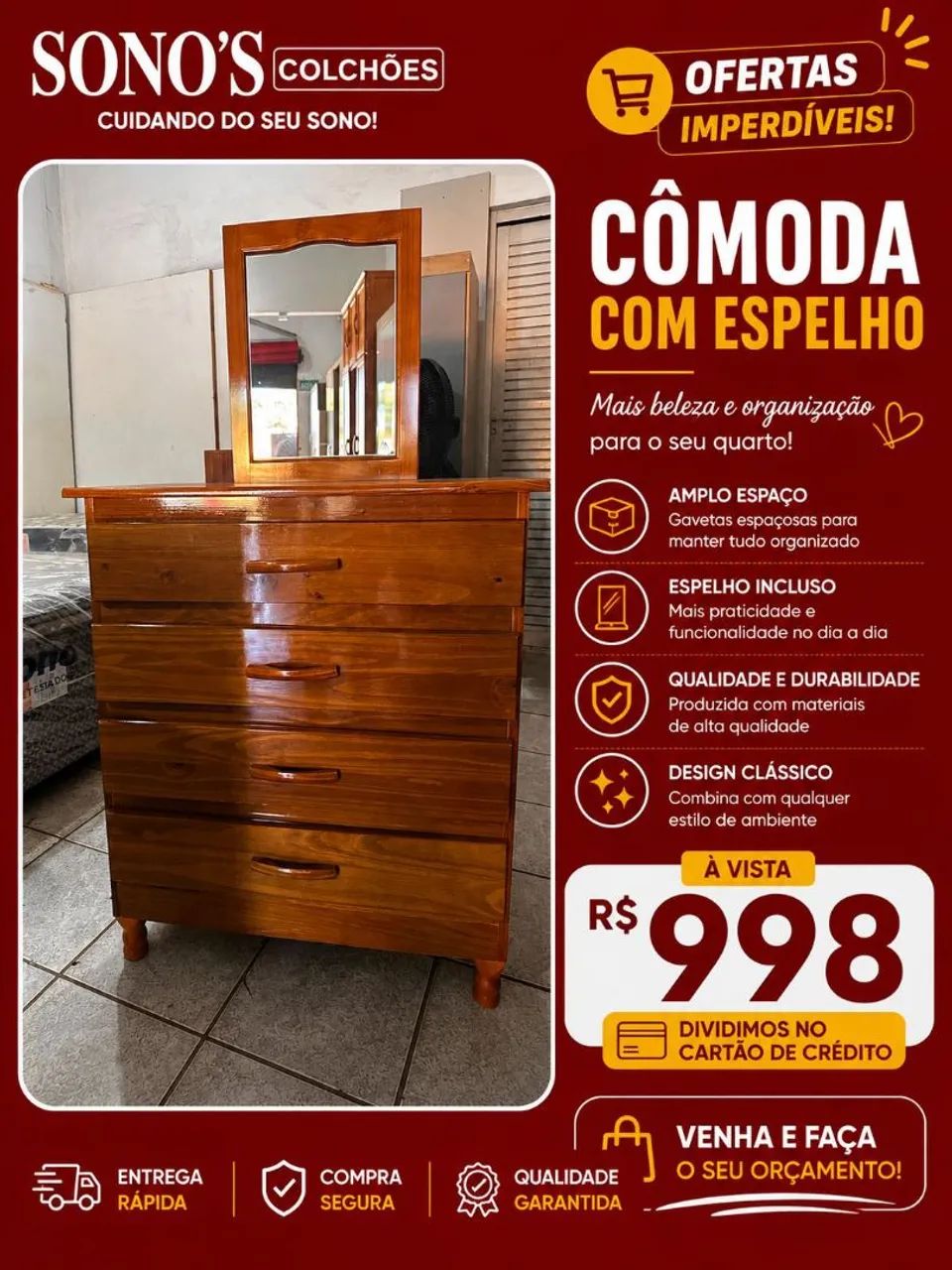 Cômoda nova em madeira com espelho 
