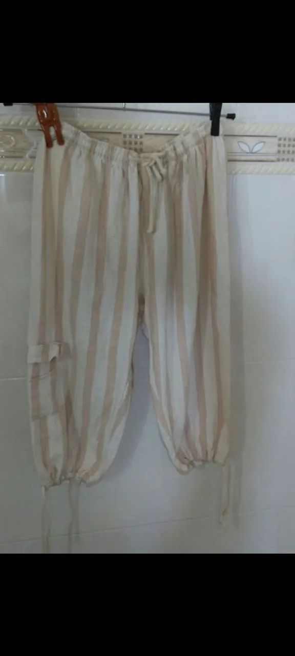 Calça de linho branca listrada - Foto 3