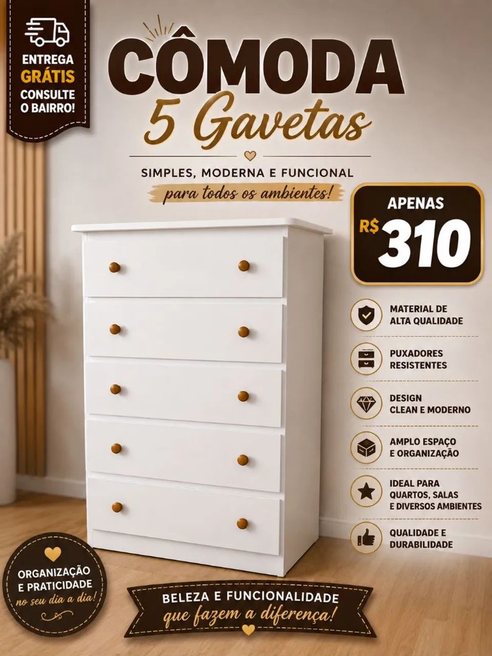 Cômoda 5 gavetas pronta entrega 100% mdf