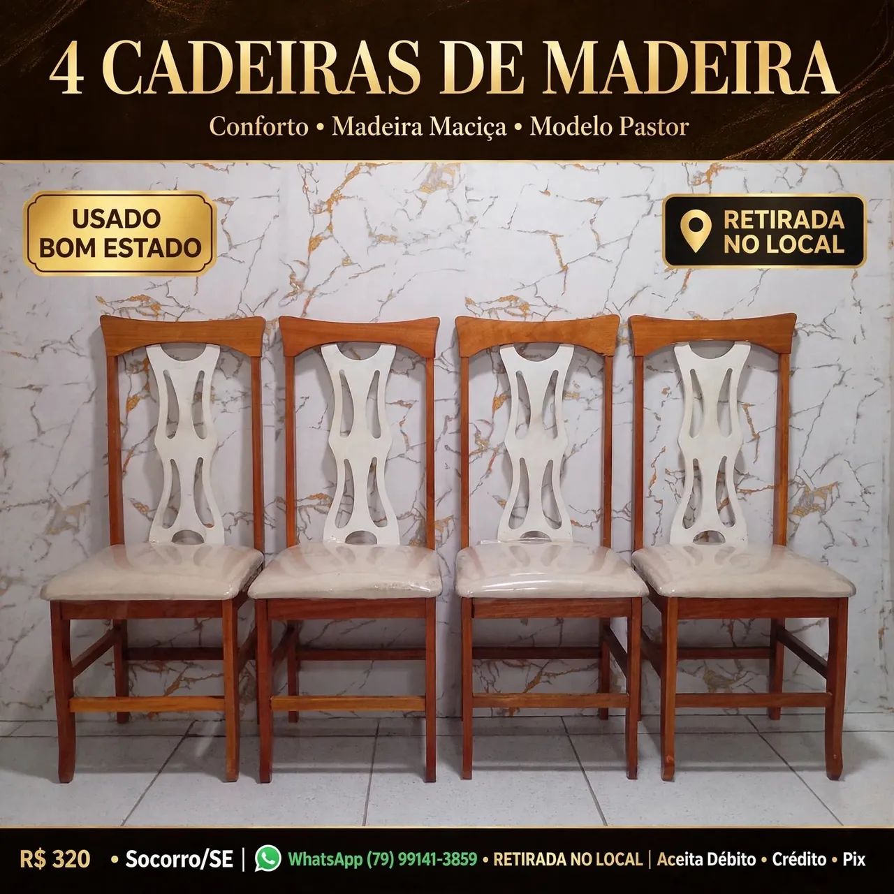 4 CADEIRAS DE MADEIRA MACIÇA MODELO PASTOR - USADO EM BOM ESTADO