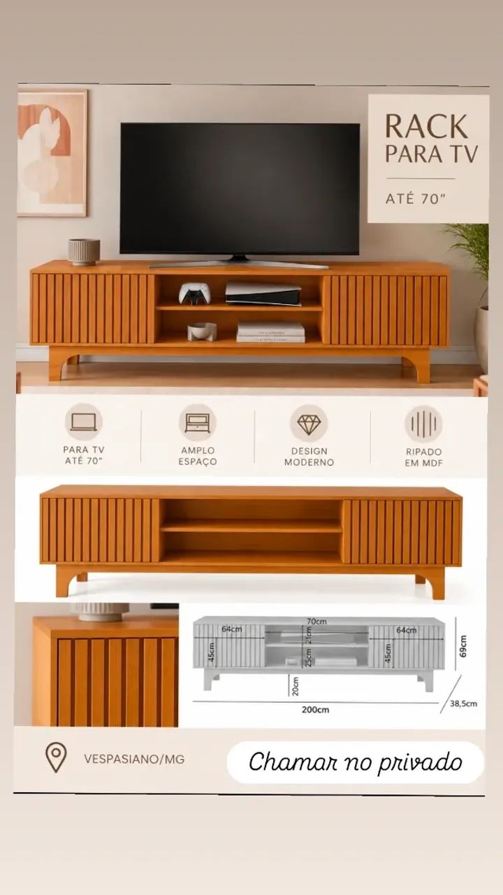 Rack para TV até 70 Polegadas Ripado MDF 2 metros, cinamomo