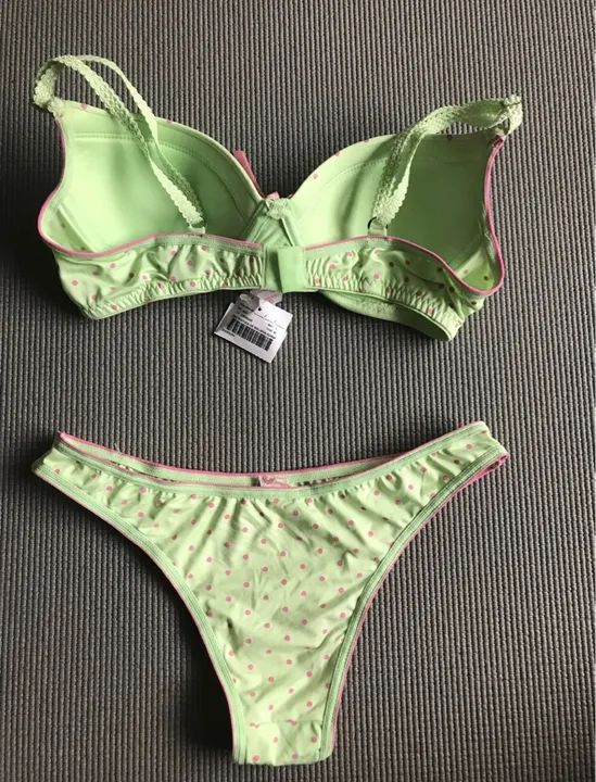 Conjunto calcinha e sutiã verde com bolinhas rosa - Foto 4