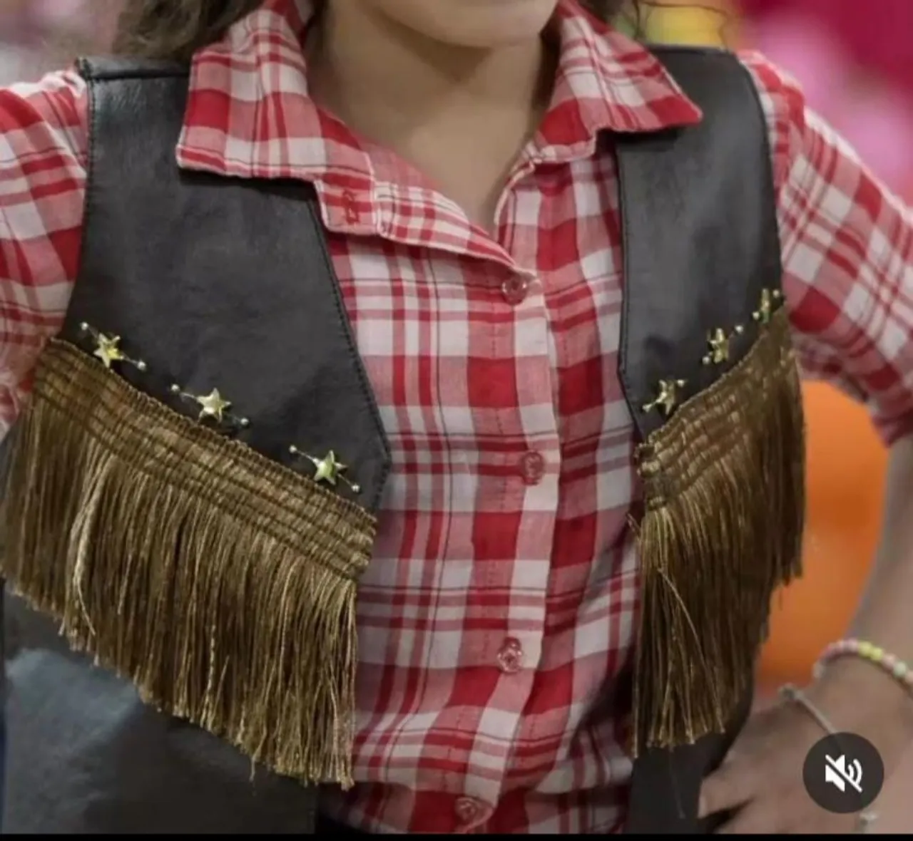 Conjunto de camisa xadrez e colete com franjas