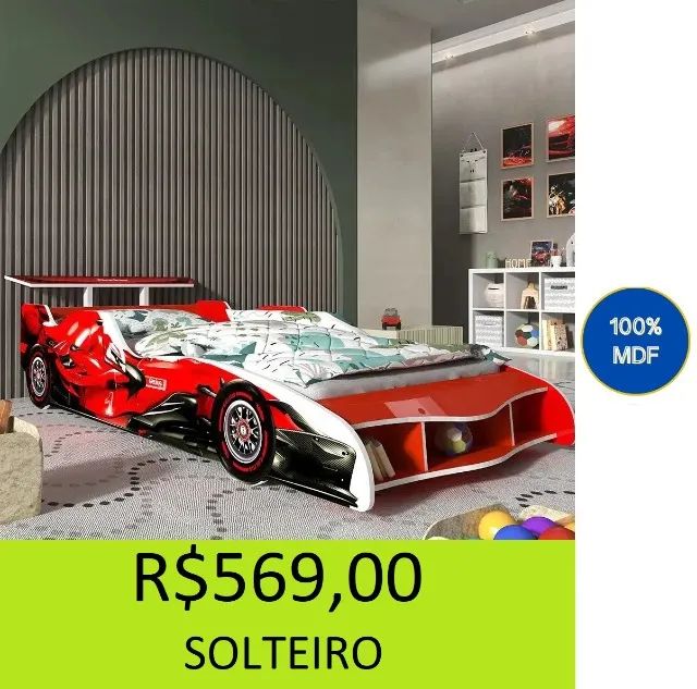 Cama solteiro MDF carro vermelho