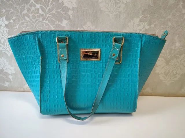 Carmen Steffens Original | Bolsa de Couro Turquesa com Forro Animal Print