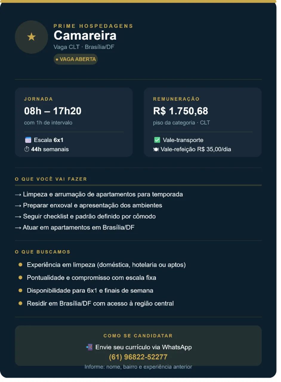VAGA ABERTA | CAMAREIRA - PRIME HOSPEDAGENS