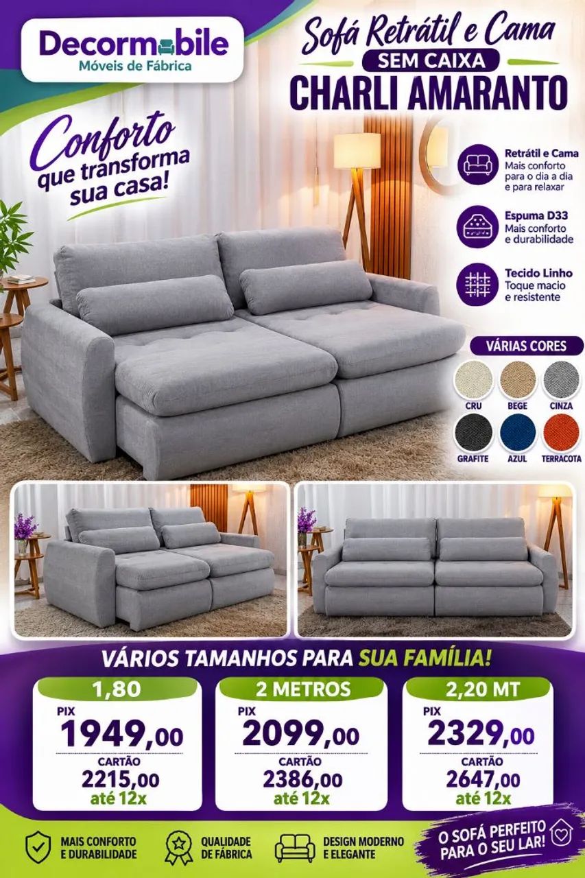 Sofá retrátil sem caixa Amaranto 1,80 a 2,20 em linho 