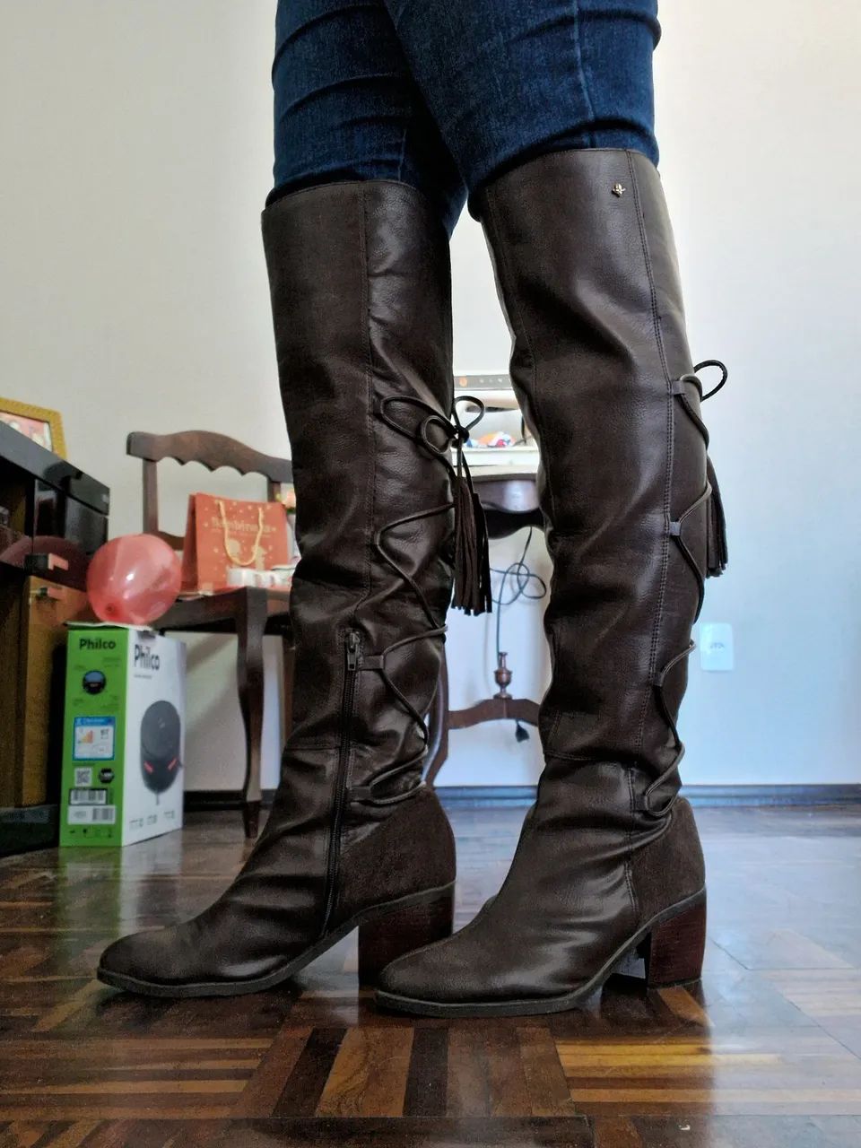 Bota de couro over the knee marrom