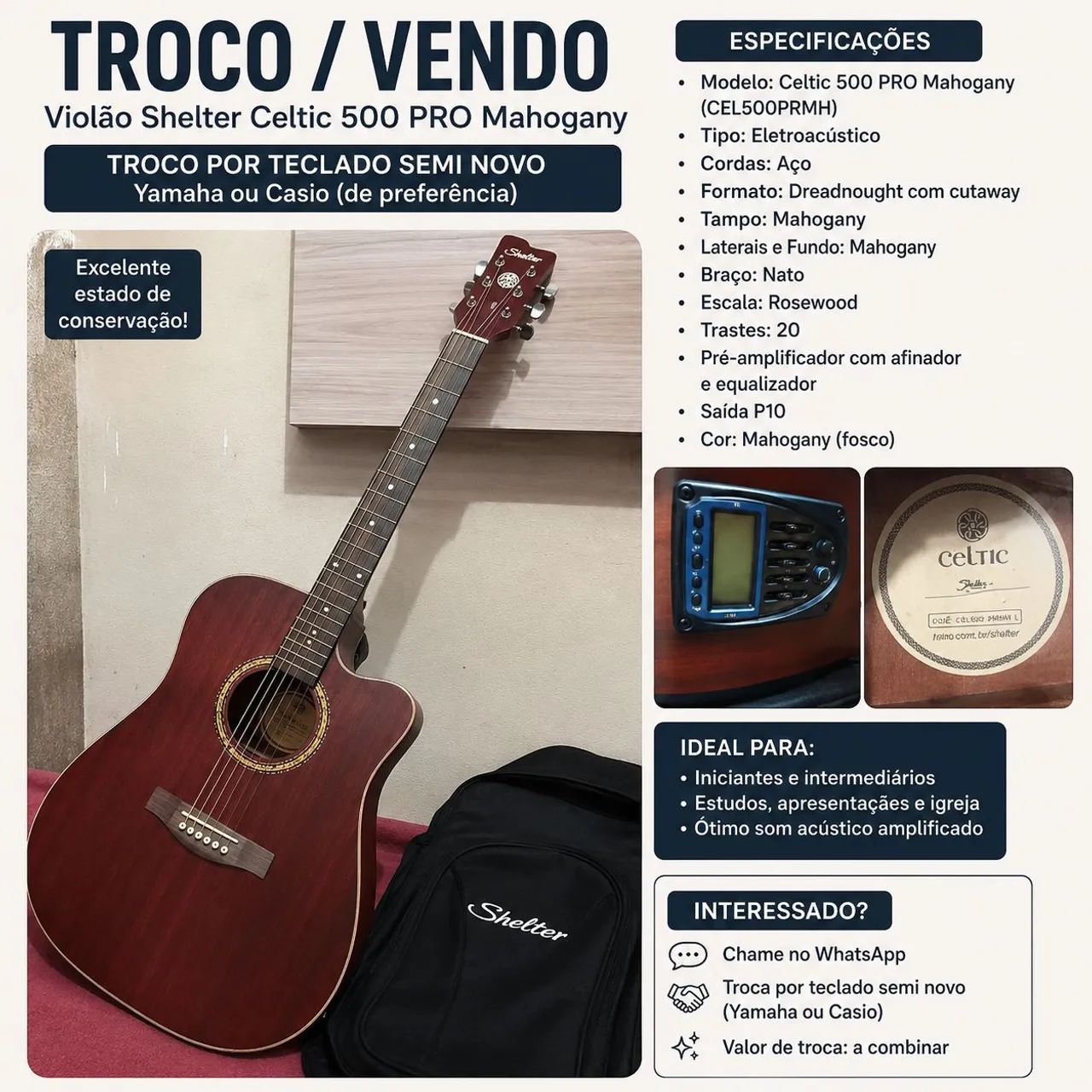Vendo/Troco Violão Shelter Celtic Pro Mahogany por Teclado Yamaha ou Casio, ótimo estado.
