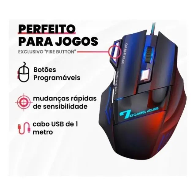 Mouse Gamer USB com 7 Botoes 2400dpi Led Ergonomico - Foto 4