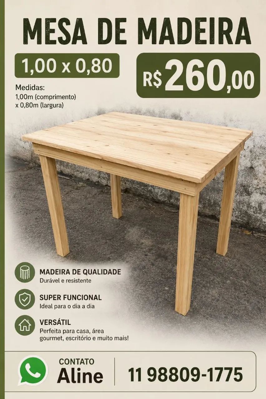 Mesa de madeira rústica 1x0,80