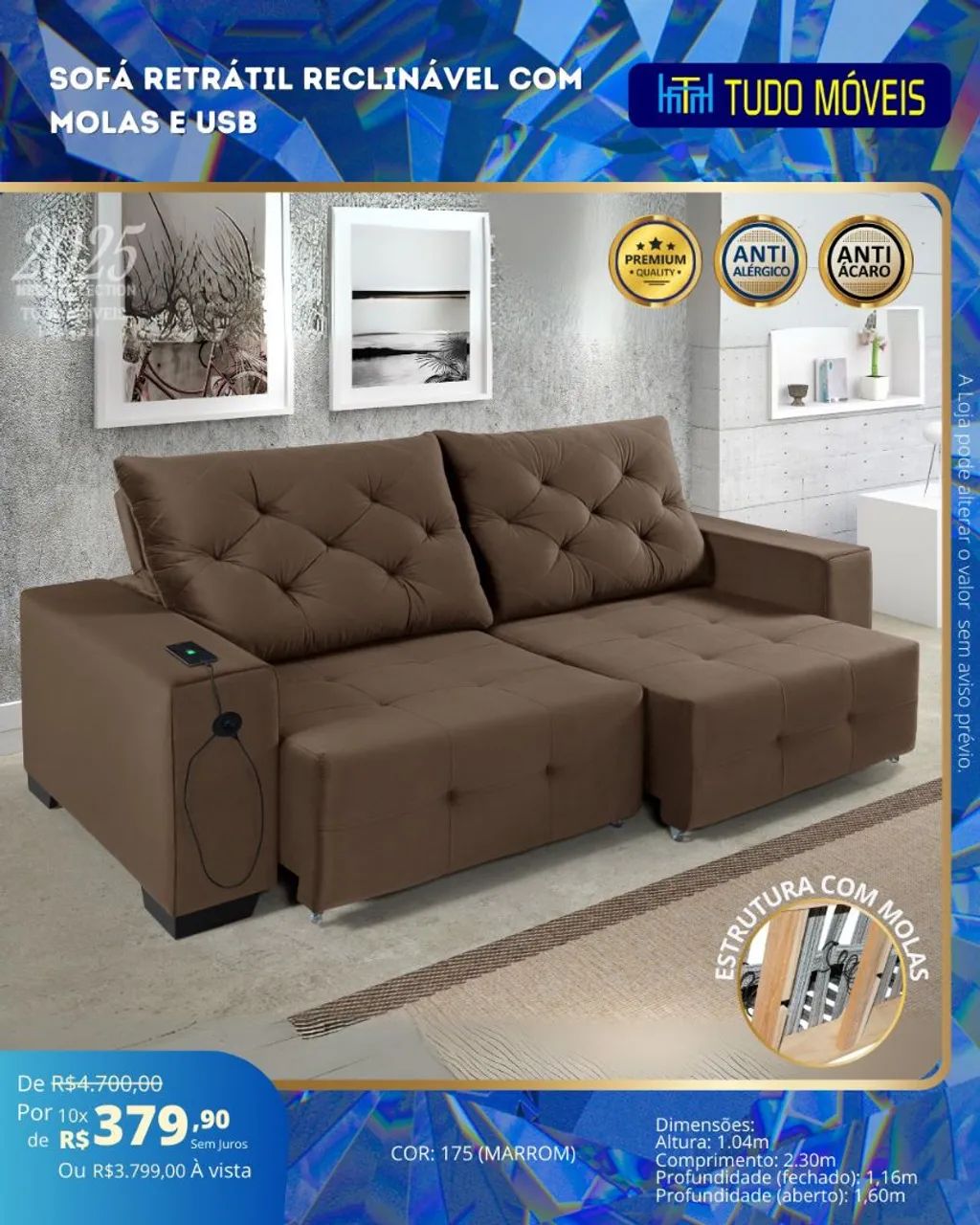 Sofa retrátil e reclinável com molas e USB - Foto 3
