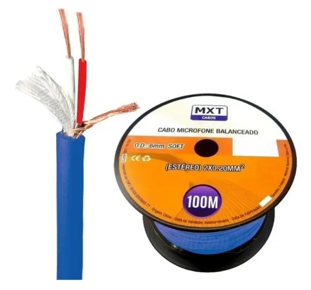 Cabo de Áudio para Microfone Balanceado (Estéreo) 2X0.20mm Sem Plugs - Azul - 1 Metro - MX