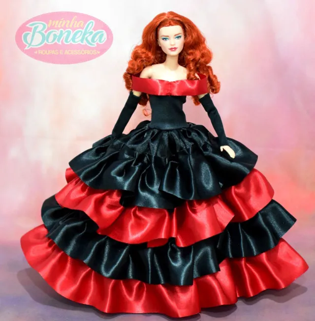 Lindo vestido para Barbie preto vermelho com luvas