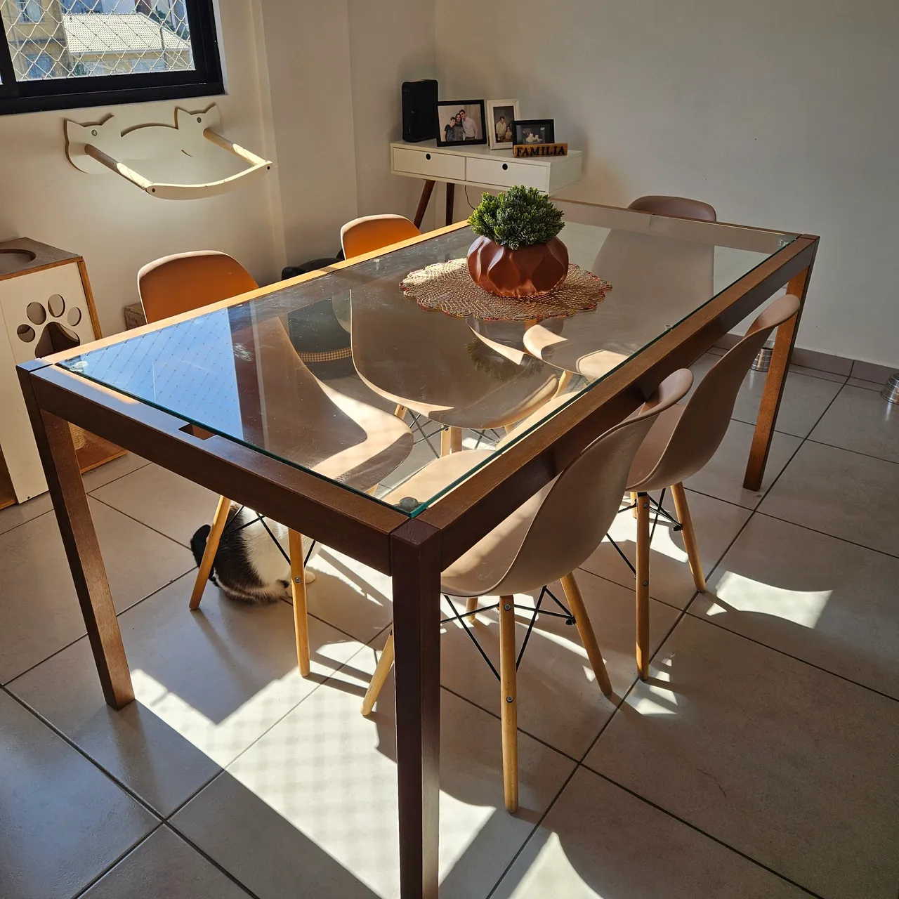 Mesa Jantar 6 lugares Madeira Tauari Vidro Tok Stok
