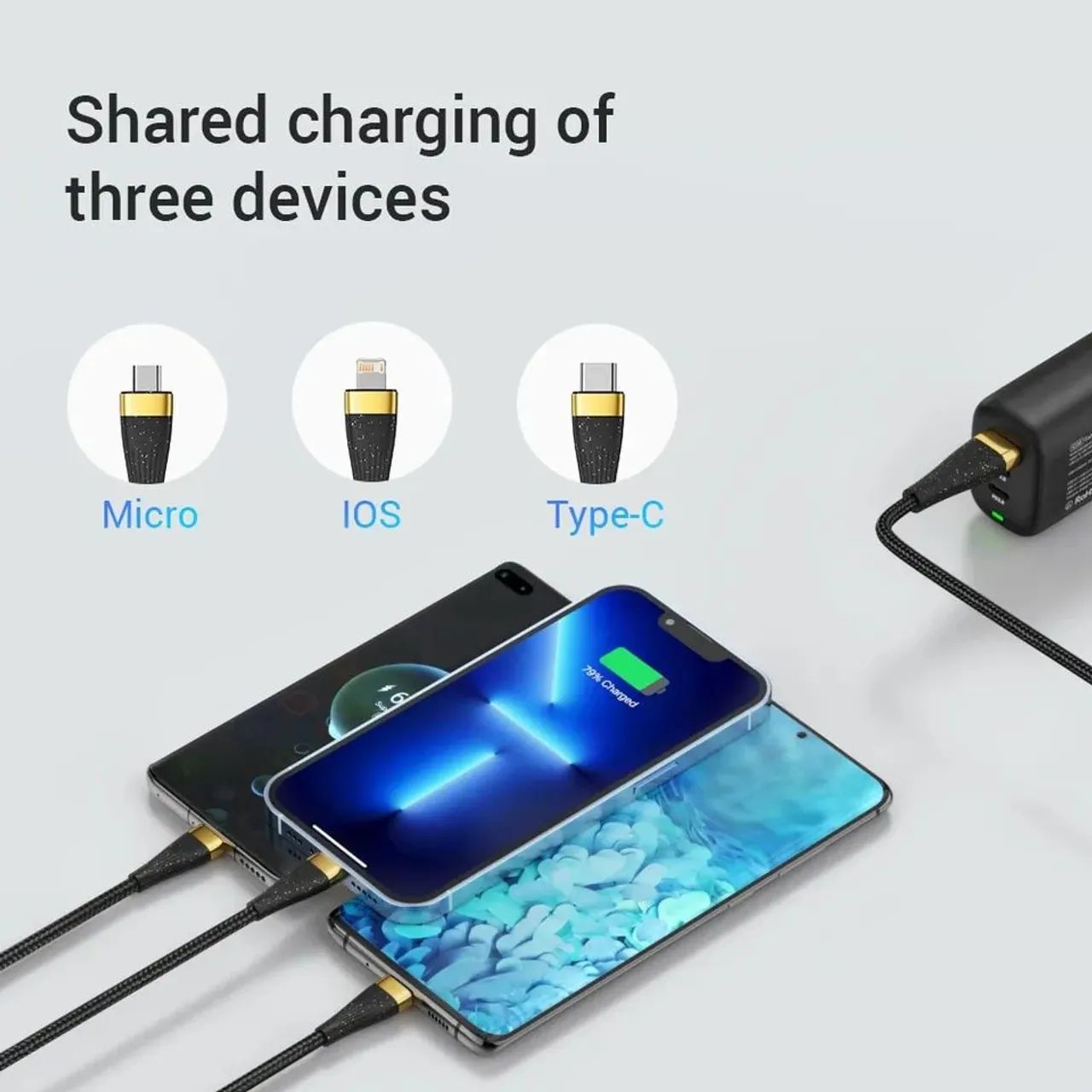 Cabo de Carregamento ASOMETECH 3 in 1 - 6A(Micro USB, USB Tipo C e Ligthning)  - Foto 2