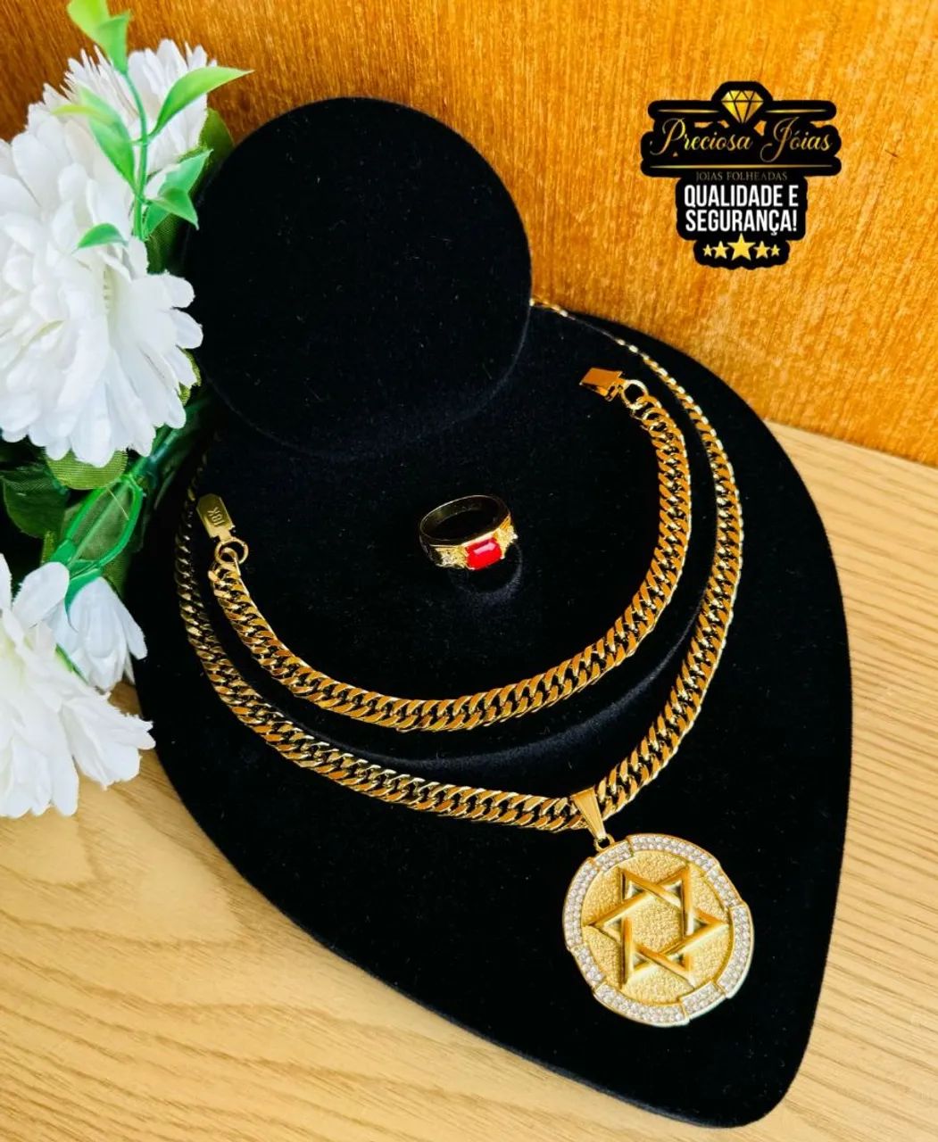 Conjunto de Corrente e Pingente Masculino Banhado a Ouro 18k - Foto 3